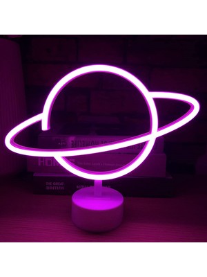 Epazzar Pembe Saturn Gezegen Neon Lamba Pilli Planet Neon LED Işık