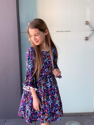 Hilal Akıncı Kids Kız Çocuk Çiçek Desenli Sırt Dekolteli Volan Kol Detaylı Elbise
