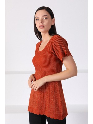 Ferraro Orange Yuvarlak Yaka Bel Büzgülü Kadın Triko Kazak