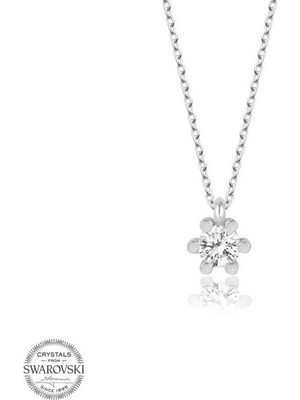 925 Gümüş Swarovski Taşlı Tek Taş 925 Ayar Gümüş Kolye
