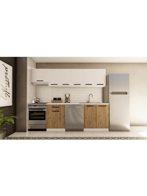 Visas Concept 260 cm Yelda Hazır Mutfak Dolabı Aspiratör Modüllü Beyaz ve Atlantik Çam TEZGAH DAHİL