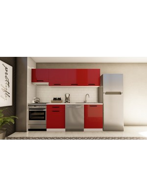 Visas Concept 240 cm Neşe Hazır Mutfak Dolabı Aspiratör Modüllü Parlak Kırmızı TEZGAH DAHİL
