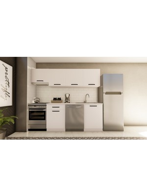 Visas Concept 240 cm Titiz Hazır Mutfak Dolabı Aspiratör Modüllü Beyaz TEZGAH DAHİL