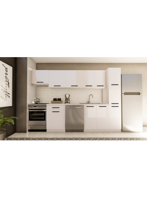 Visas Concept 300 cm Yonca Hazır Mutfak Dolabı Aspiratör ve Kiler Modüllü Parlak Beyaz TEZGAH DAHİL