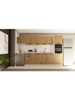 Visas Concept 320 cm Aylin Hazır Mutfak Dolabı Aspiratör ve Ankastre Kiler Modüllü Atlantik Çam