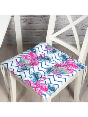 RealHomes Zigzag Zeminli Flamingo Baskılı Pofidik Kare Sandalye Minderi