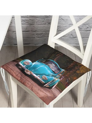 RealHomes Vosvos Resimli Pofidik Kare Sandalye Minderi 40X40Cm Düğmeli