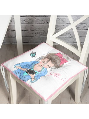 RealHomes Özel Tasarım Smile Take Up Desenli Pofidik Kare Sandalye Minderi