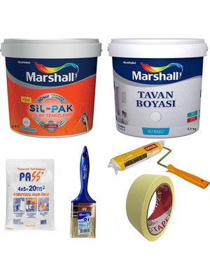 Marshall Sil-Pak Silikonlu Duvar Boyası 2.5 L  -  Tavan Boyası 3.5 kg  -  4 Parça Kaliteli Boyama Seti