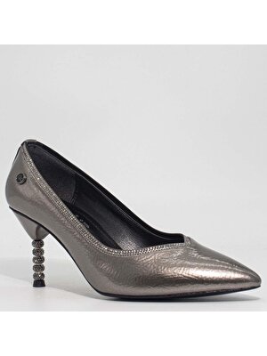 Uysal Ayakkabı Uysal Kadın Kırışık Rugan Taşlı Platin Topuklu Ayakkabı