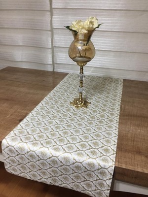 Finezza Melisa Damask Baskılı Duck Kumaş Krem/Gold Runner 40*140 cm - 501