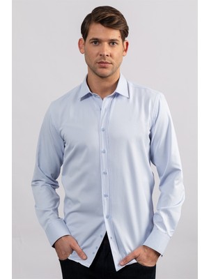 Tudors Erkek Modern Slim Fit Pamuklu Düz Mavi Gömlek