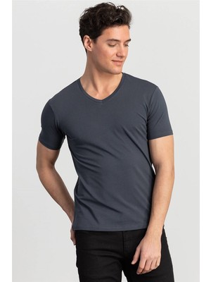 Tudors Erkek Slim Fit Dar Kesim Pamuklu Yumuşak Dokulu Likralı Esnek Kumaş Düz Basic Gri V Yaka Tişört