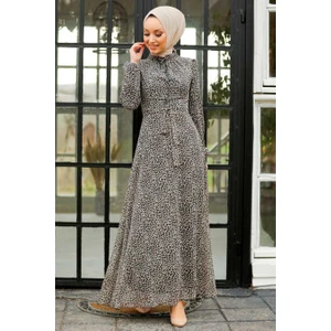 Neva Style - Leopar Desenli Gri Tesettür Elbise 27904GR
