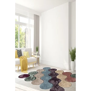 WOOLLY Halı Bulut Desenli Yeşil-Koyu Pudra-Mavi Lazer Kesim Halı (Makinada Yıkanabilir Kaymaz Dot Taban) -WL342