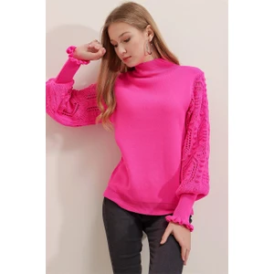 AQE FASHION Kadın Fuşya Yarım Balıkçı Kolu Dantel Detaylı Kazak