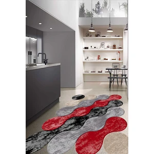 WOOLLY Halı Bulut Desenli Gri-Kırmızı-Siyah Lazer Kesim Halı (Makinada Yıkanabilir Kaymaz Dot Taban) -WL353
