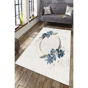 WOOLLY Halı Mavi Yapraklı Çerçeve Motifli Halı (Makinada Yıkanabilir Kaymaz Dot Taban) -WL1101