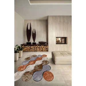 WOOLLY Halı Bulut Desenli Kiremit-Gri-Kahve Lazer Kesim Halı (Makinada Yıkanabilir Kaymaz Dot Taban) -WL354