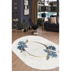 Esta Halı Mavi Yapraklı Çerçeve Motifli Oval Halı (Makinada Yıkanabilir Kaymaz Dot Taban) - ES1101