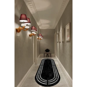 WOOLLY Halı Gri Şeritli Siyah Eskitme Oval Halı (Makinada Yıkanabilir) -WL524