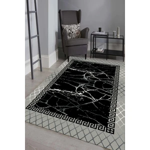 WOOLLY Halı Mermer Desenli Çerçeveli Gri-Siyah Halı (Makinada Yıkanabilir Kaymaz Dot Taban) -WL1105