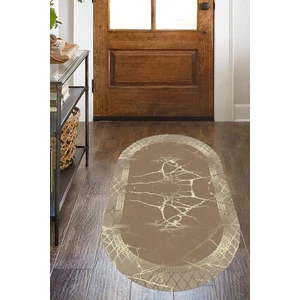 WOOLLY Halı Mermer Desenli Çerçeveli Açık Kahve-Gold Oval Halı (Makinada Yıkanabilir Kaymaz Dot Taban) -WL1106