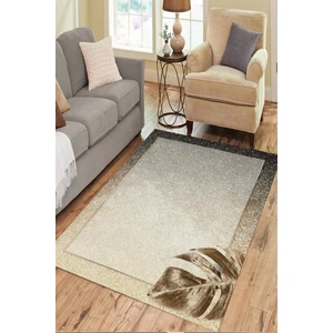WOOLLY Halı Yaprak Desenli Gold-Beyaz Halı (Makinada Yıkanabilir Kaymaz Dot Taban) -WL1109