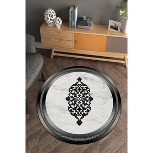 Esta Halı Siyah Çerçeveli Mermer Zeminli Yuvarlak Halı (Makinada Yıkanabilir Kaymaz Dot Taban) - ES1136
