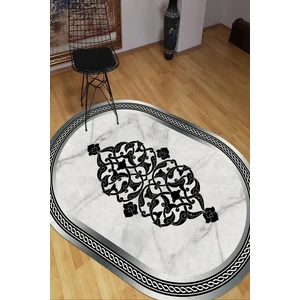 WOOLLY Halı Gri Çerçeveli Mermer Zeminli Oval Halı (Makinada Yıkanabilir Kaymaz Dot Taban) -WL1135