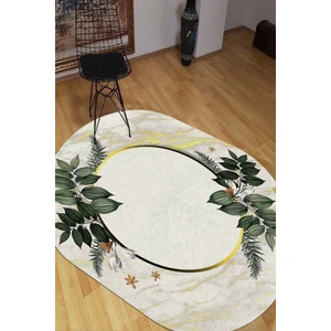 Esta Halı Yeşil Yapraklı Çerçeve Motifli Oval Halı (Makinada Yıkanabilir Kaymaz Dot Taban) - ES1100
