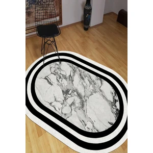 Esta Halı Siyah Beyaz Şeritli Mermer Desenli Oval Halı (Makinada Yıkanabilir Kaymaz Dot Taban) - ES1108
