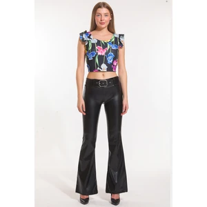 Kemerli Ispanyol Paça Şardonlu Deri Pantolon PNT33313