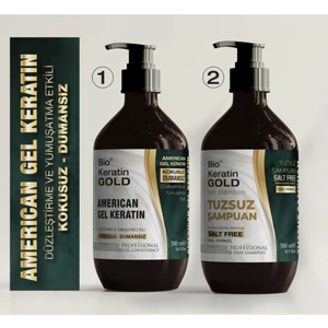 Bio Keratin Gold Jel Keratin Seti 2×500 ml – Kokusuz, Dumansız, Tuzsuz Şampuanlı, Normal ve Yıpranmış Saçlar İçin Düzleştirici ve Yumuşatıcı Etki