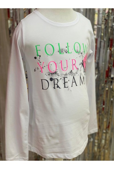 Almi Kız Çocuk Kelebek Nakışlı Ince Uzun Kol T-Shirt 722006 Beyaz