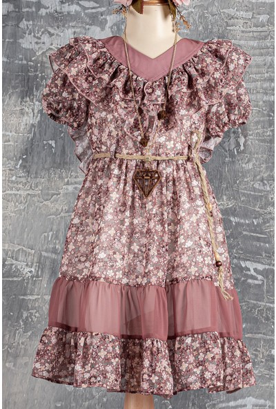Tivido Fırfır Yakalı Çiçek Desenli Şifon Kız Çocuk Elbise
