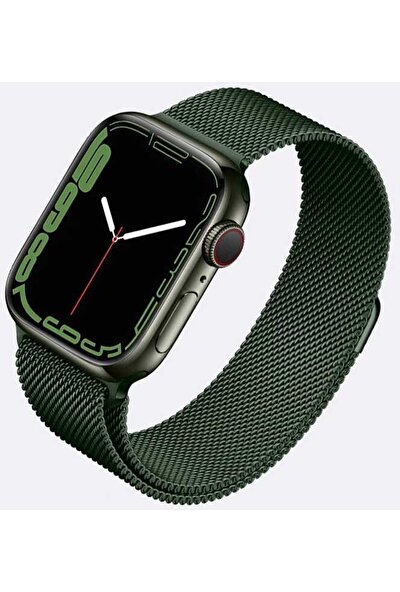 Nezih Case Apple Watch Seri 7 45MM Uyumlu Olive Hasır Örgü Metal Kordon