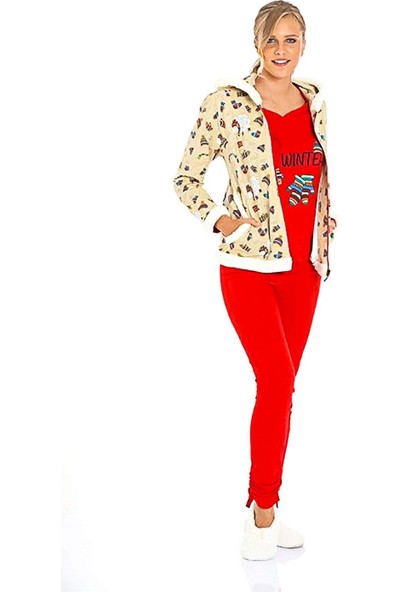 Limissi Kadın 3'lü Set Kışlık Kapüşonlu Pijama Takımı Bej Kırmızı