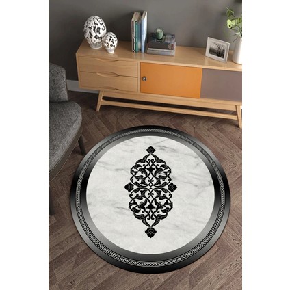 Siyah Çerçeveli Mermer Zeminli Yuvarlak Halı (Makinada Yıkanabilir Kaymaz Dot Taban) - ES1136