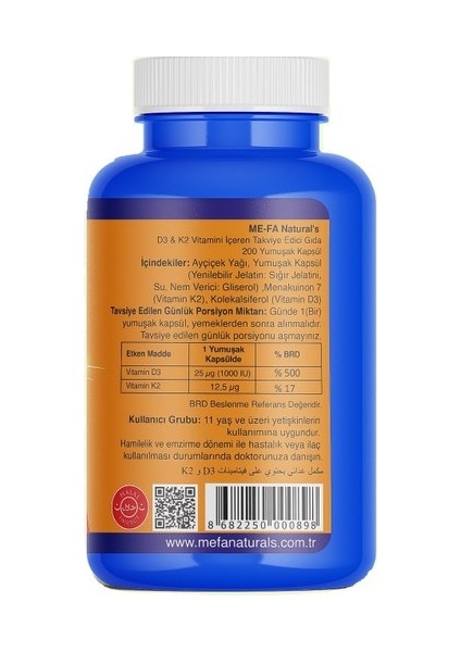 D3 + K2 200 Softgel 1000 Ünite D Vitamini 12.5 Mcg K2 Vitamini