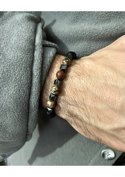 Unisex - Akik ve Jasper Taşları ile Tasarlanmış Metal Detaylı Inanılmaz Şık Doğal Taş Bileklik