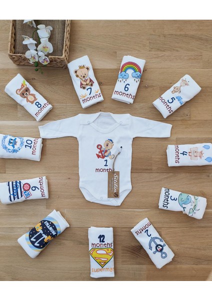 Aylık Badi Set 12 Ay Her Ay Özel Baskılı Uzun Kollu Çıtçıtlı Kız Erkek Unisex Body fiyatları
