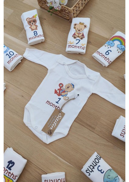 Aylık Badi Set 12 Ay Her Ay Özel Baskılı Uzun Kollu Çıtçıtlı Kız Erkek Unisex Body modelleri