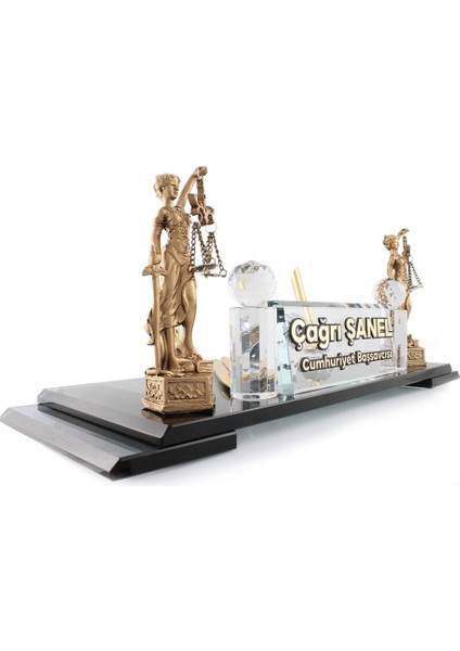 Çift Themis Biblolu Masa Isimliği, Adalet Heykelli Masa Üstü Isimlik, Kabartma Yazı