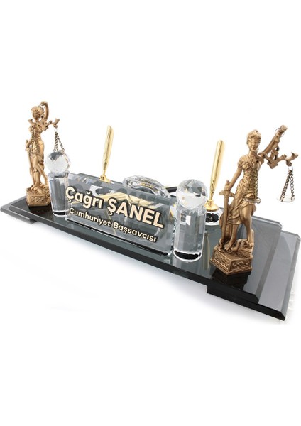 Çift Themis Biblolu Masa Isimliği, Adalet Heykelli Masa Üstü Isimlik, Kabartma Yazı fiyatları