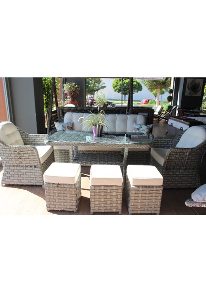 Ratsa Home Flexy Garden Rattan Ada Oturma Grubu / 3 Puflu