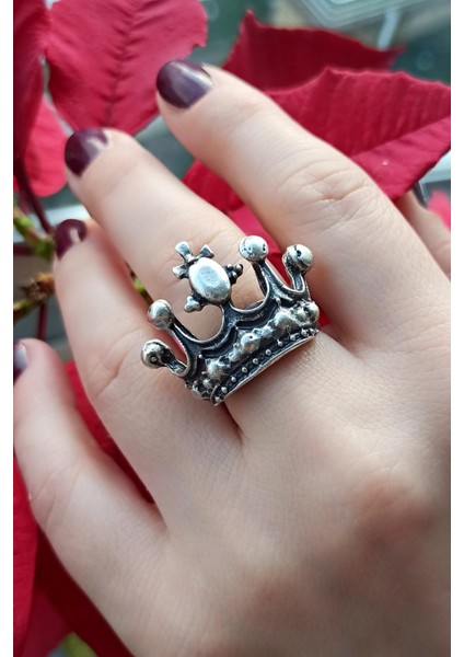 Antik Gümüş Kaplama Kral Tacı Şekilli El Yapımı Ayarlanabilir Unisex Yüzük