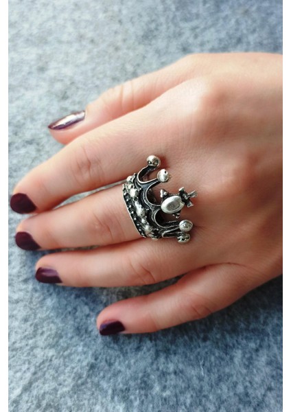 Antik Gümüş Kaplama Kral Tacı Şekilli El Yapımı Ayarlanabilir Unisex Yüzük modelleri