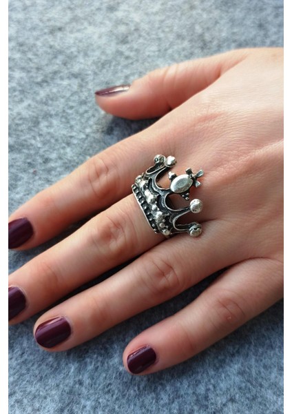 Antik Gümüş Kaplama Kral Tacı Şekilli El Yapımı Ayarlanabilir Unisex Yüzük fırsatları