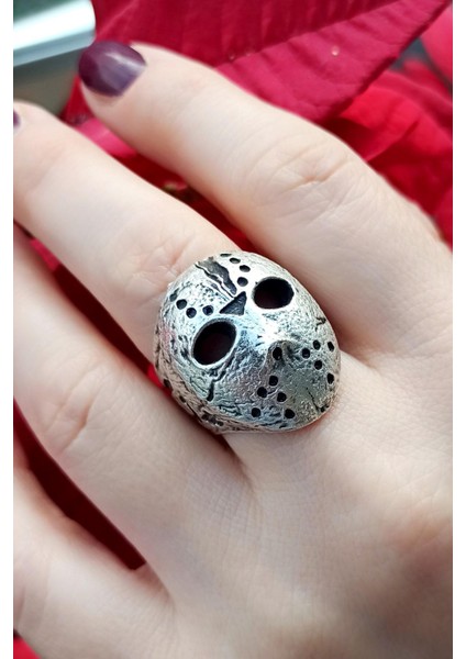 Antik Gümüş Kaplama 13. Cuma Jason Maske Şekilli El Yapımı Ayarlanabilir Unisex Yüzük